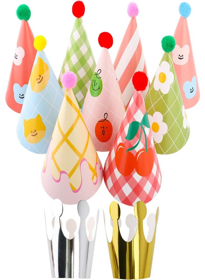 Inxens Mini Party Hats for Kids, 11 Piece Birthday Cone Hats for Stuffed Animals and Pets, 9 Paper Cones and 2 Crowns, DIY Assembly with Pom Poms, Cute Cherry Smiley Design - Image 1